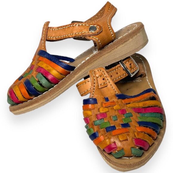 Child Mexican Huarache Sandals Sz 4 | Handmade Leather Closed-Toe Multi-Colored - Picture 2 of 8